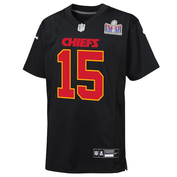 Patrick Mahomes Kansas City Chiefs Nike Youth Super Bowl LVIII Patch Carbon Fashion Game Jersey - Black